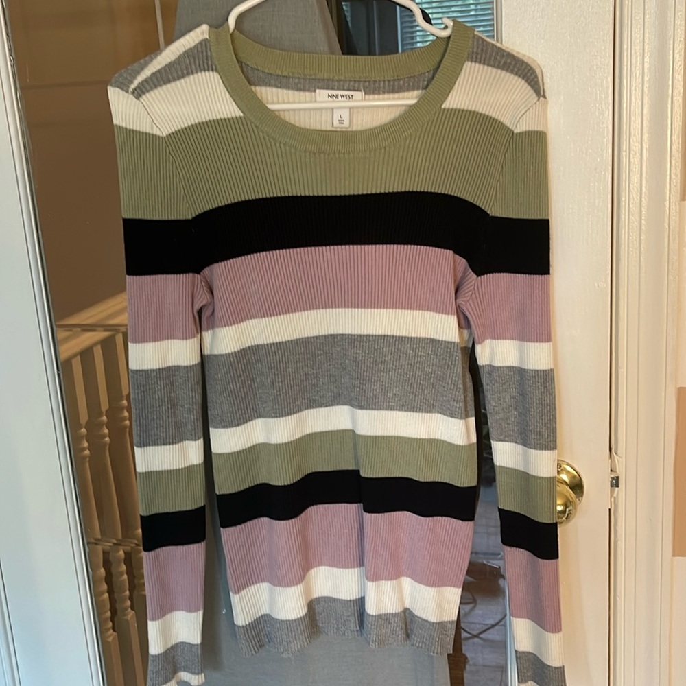 Nine West Olive Green Black Pink Gray Striped Ribbed Crewneck Sweater